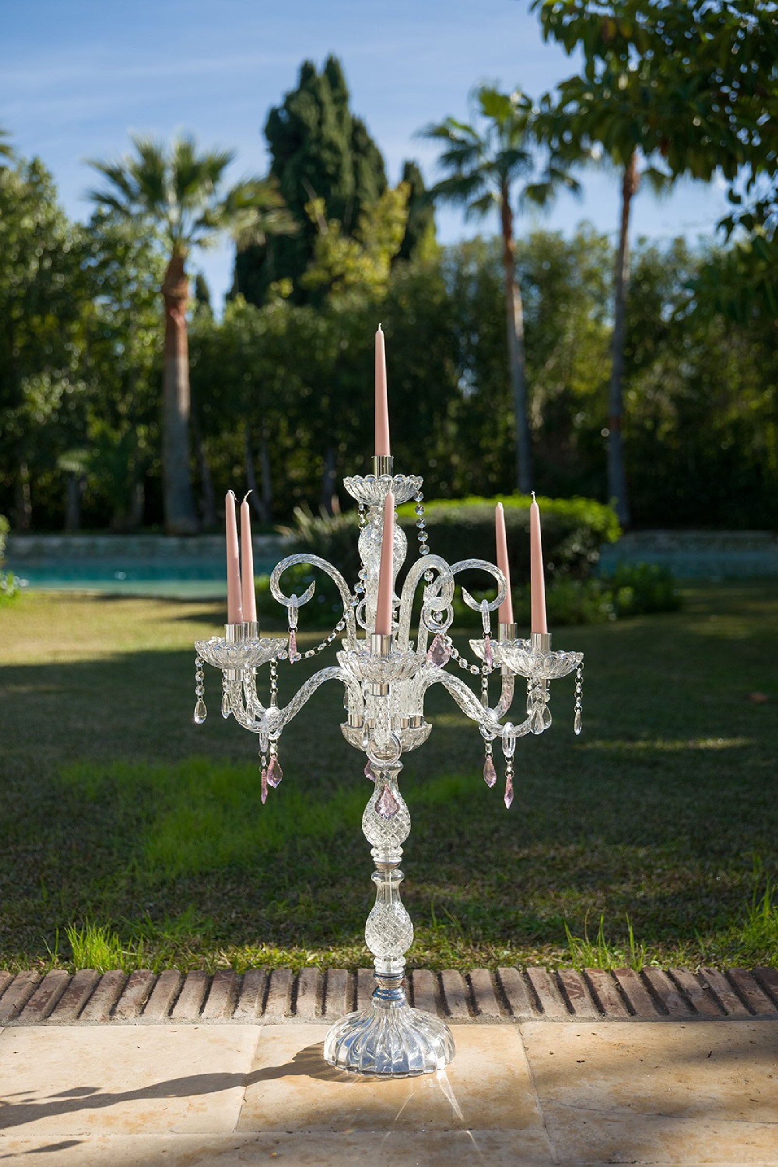 Candelabro Cristal con Lágrimas rosas